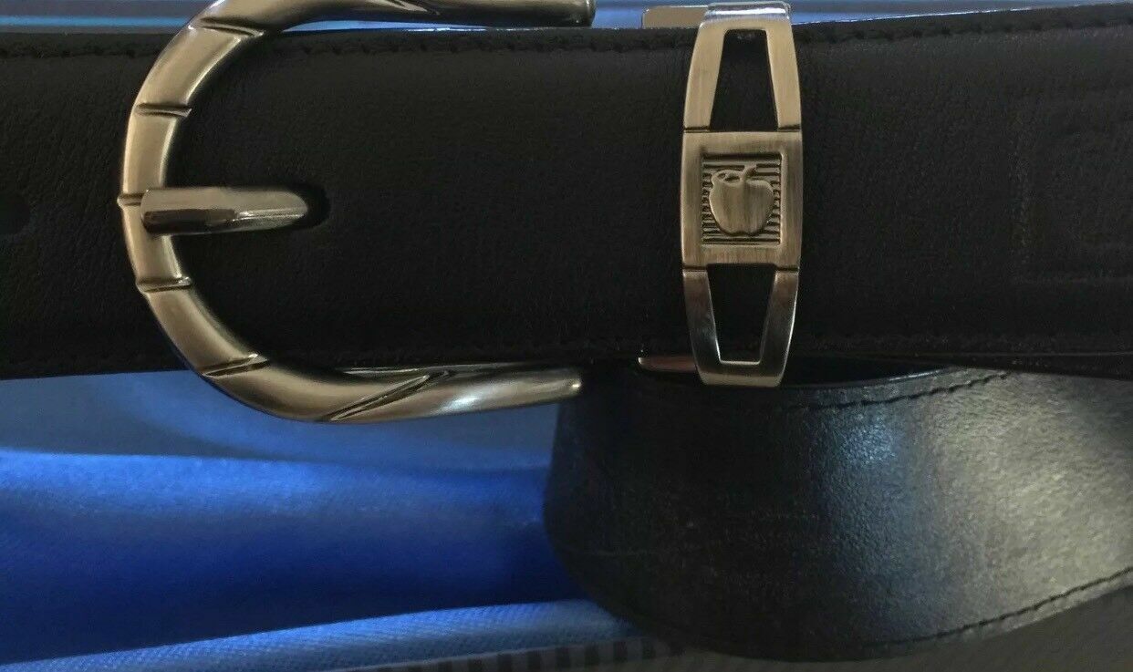 Mens LEATHER Belt APPLE Mac Mens Black Pewter Buckle SZ S 30 32 Inch Waist NEW