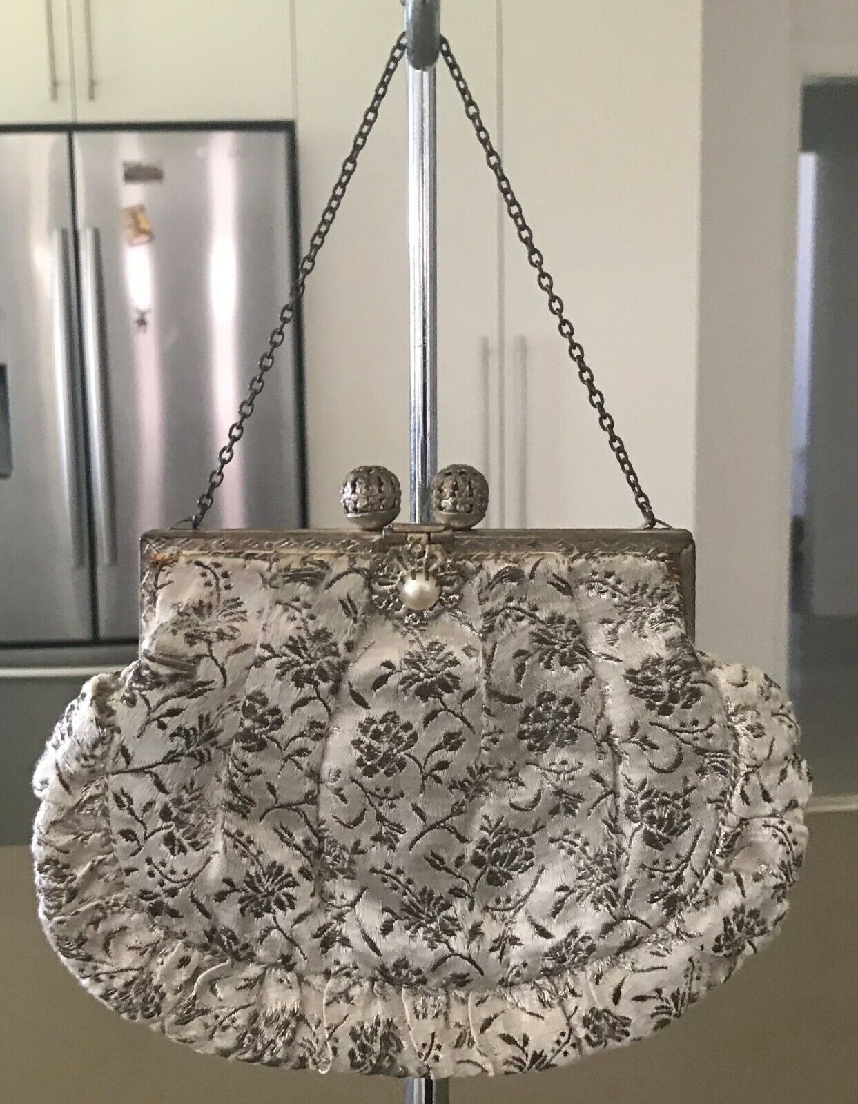 Evening Bag Silver Brocade Floral Purse HandBag Bronze Chain Ornate Clasp Vintag