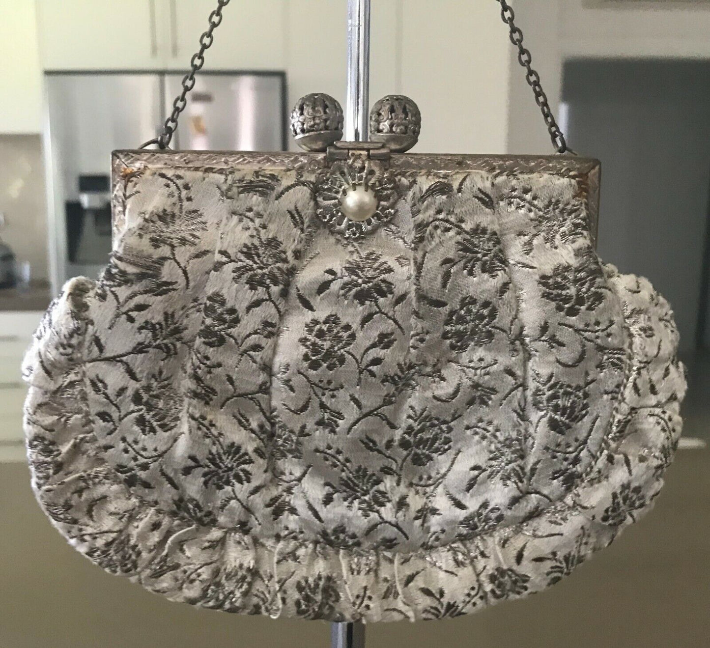 Evening Bag Silver Brocade Floral Purse HandBag Bronze Chain Ornate Clasp Vintag