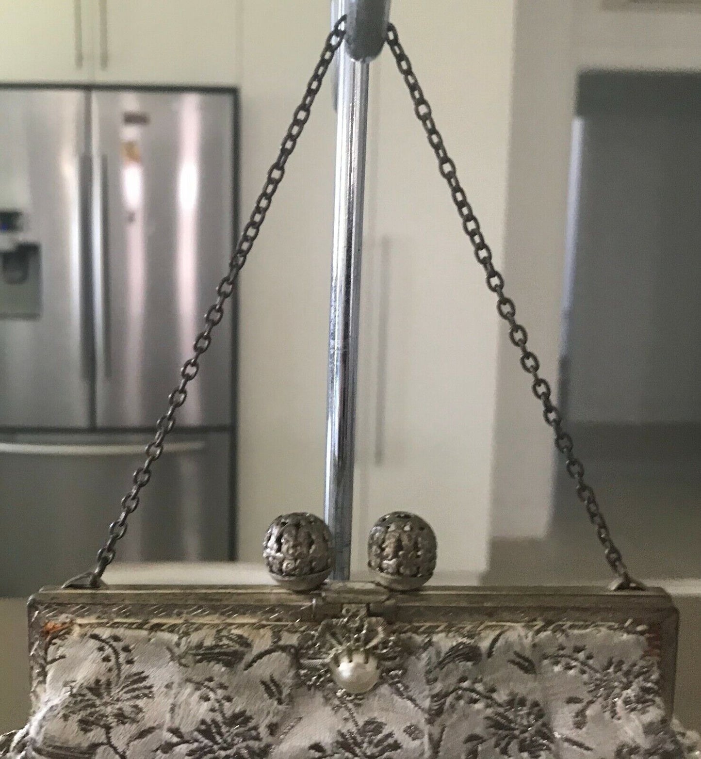 Evening Bag Silver Brocade Floral Purse HandBag Bronze Chain Ornate Clasp Vintag