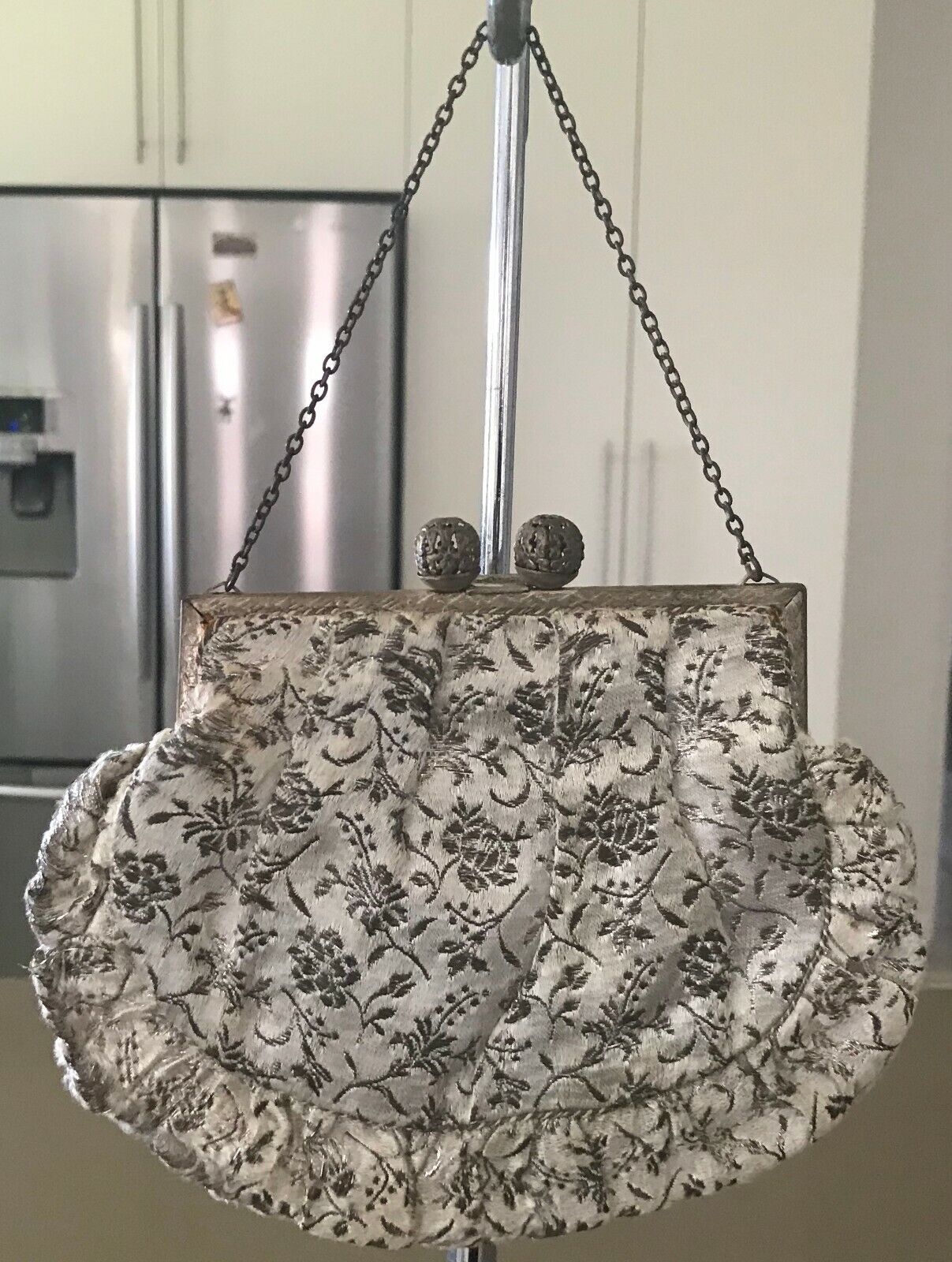 Evening Bag Silver Brocade Floral Purse HandBag Bronze Chain Ornate Clasp Vintag
