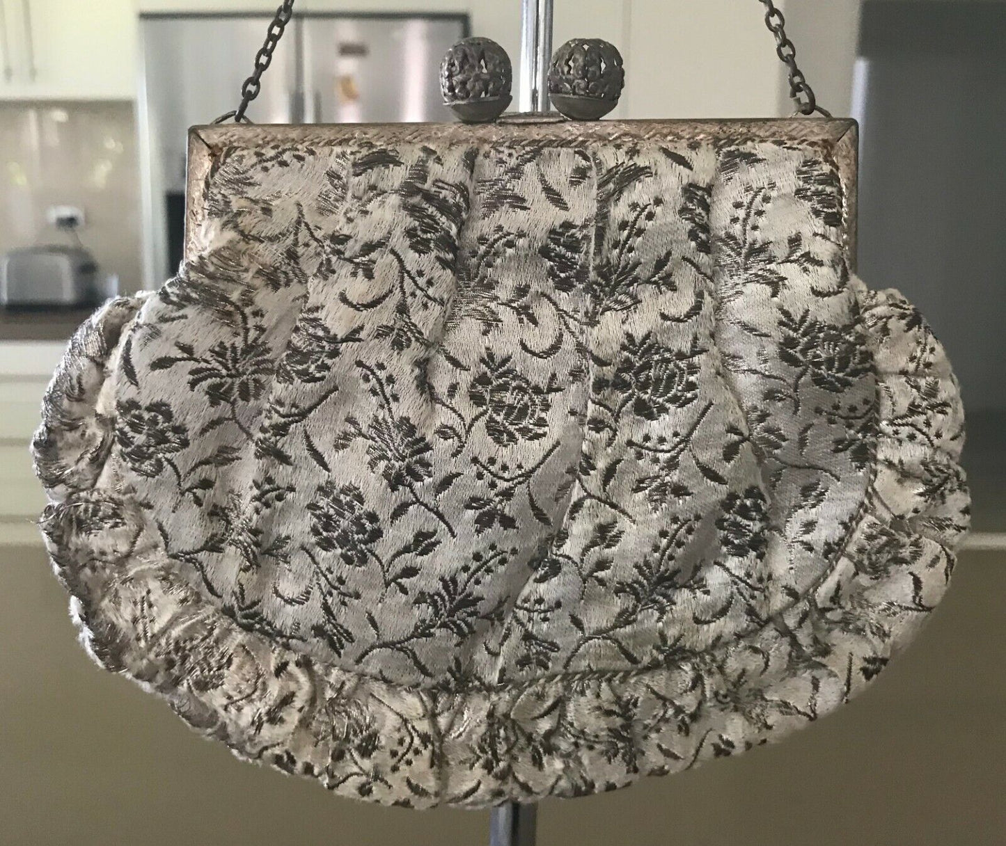 Evening Bag Silver Brocade Floral Purse HandBag Bronze Chain Ornate Clasp Vintag