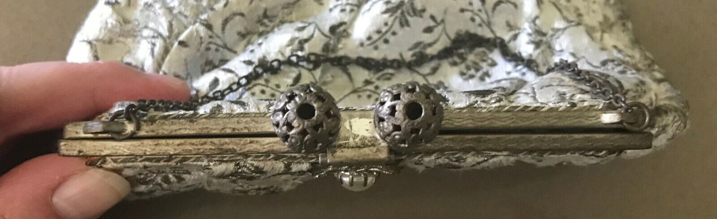 Evening Bag Silver Brocade Floral Purse HandBag Bronze Chain Ornate Clasp Vintag