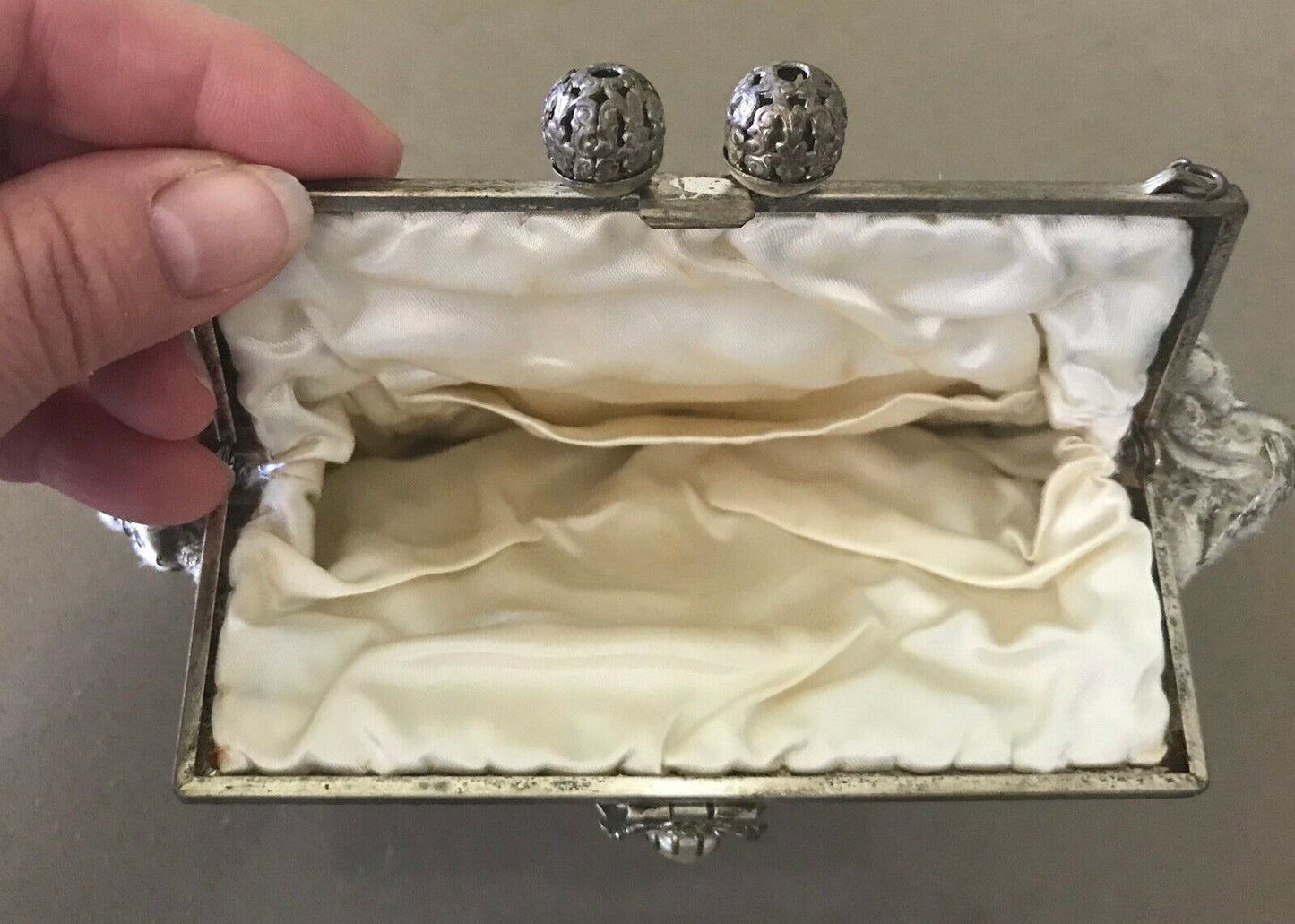 Evening Bag Silver Brocade Floral Purse HandBag Bronze Chain Ornate Clasp Vintag