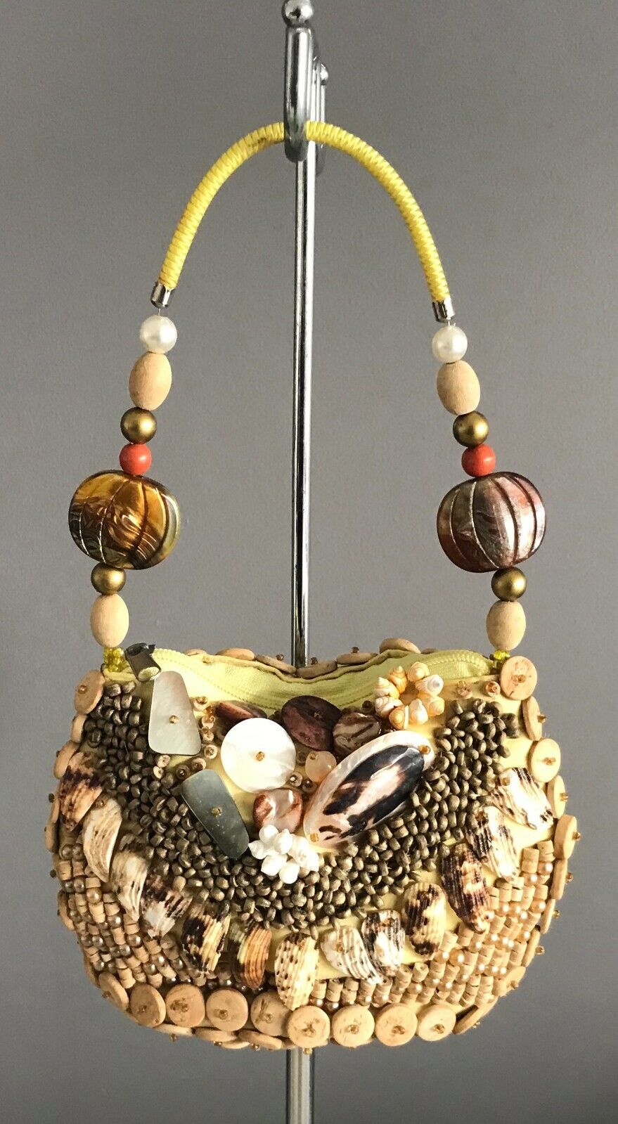 Handbag Wooden Bead Shell & Assorted Glass Bead Small Bag Elbow Strap Bag  NEW