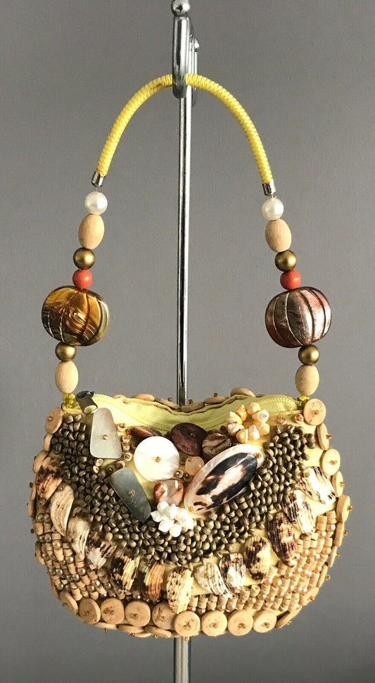 Handbag Wooden Bead Shell & Assorted Glass Bead Small Bag Elbow Strap Bag  NEW