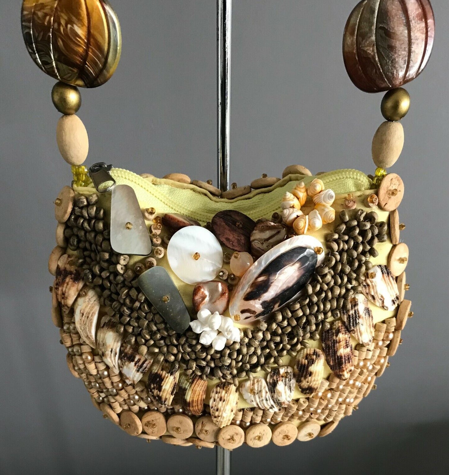 Handbag Wooden Bead Shell & Assorted Glass Bead Small Bag Elbow Strap Bag  NEW
