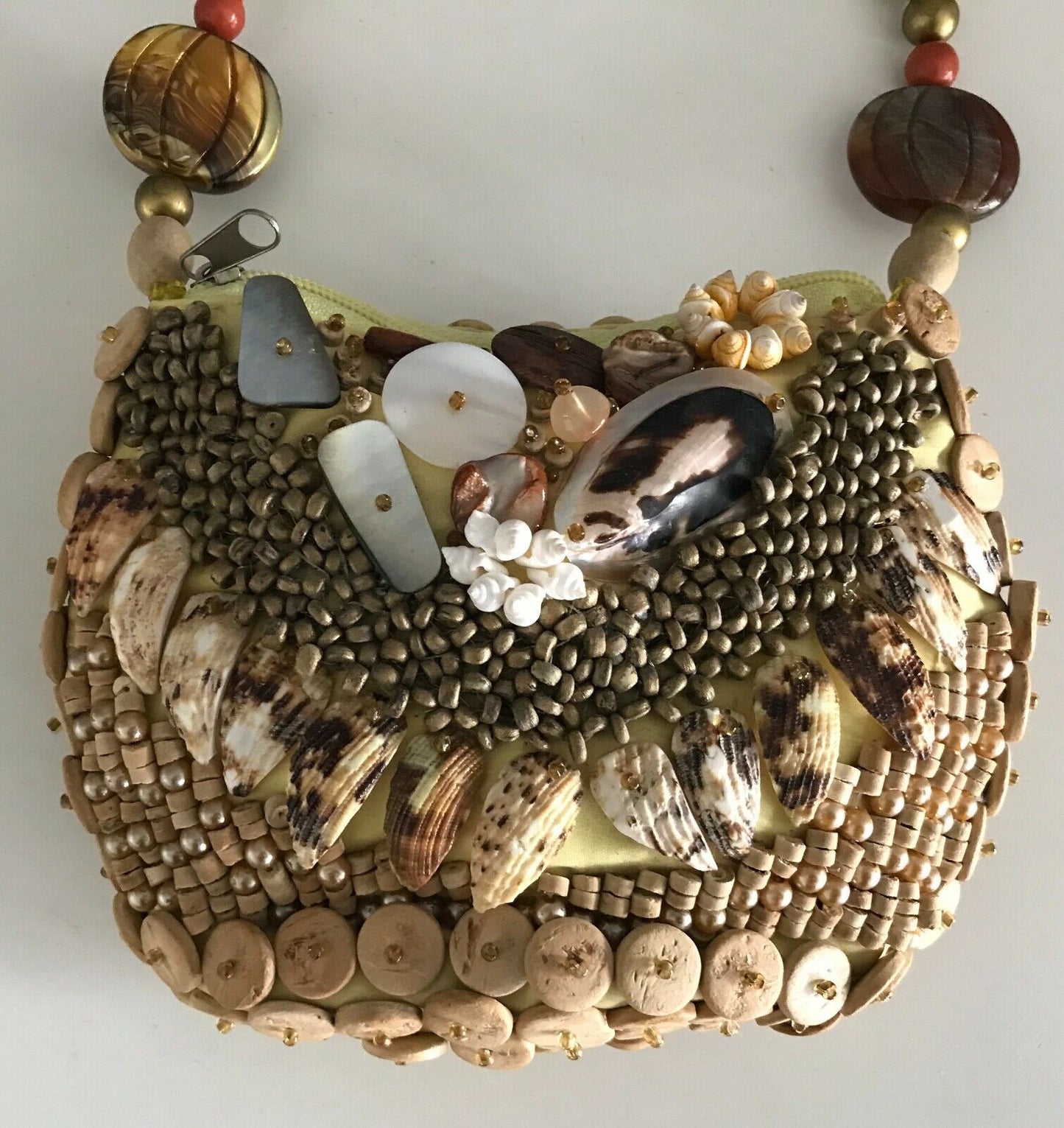 Handbag Wooden Bead Shell & Assorted Glass Bead Small Bag Elbow Strap Bag  NEW