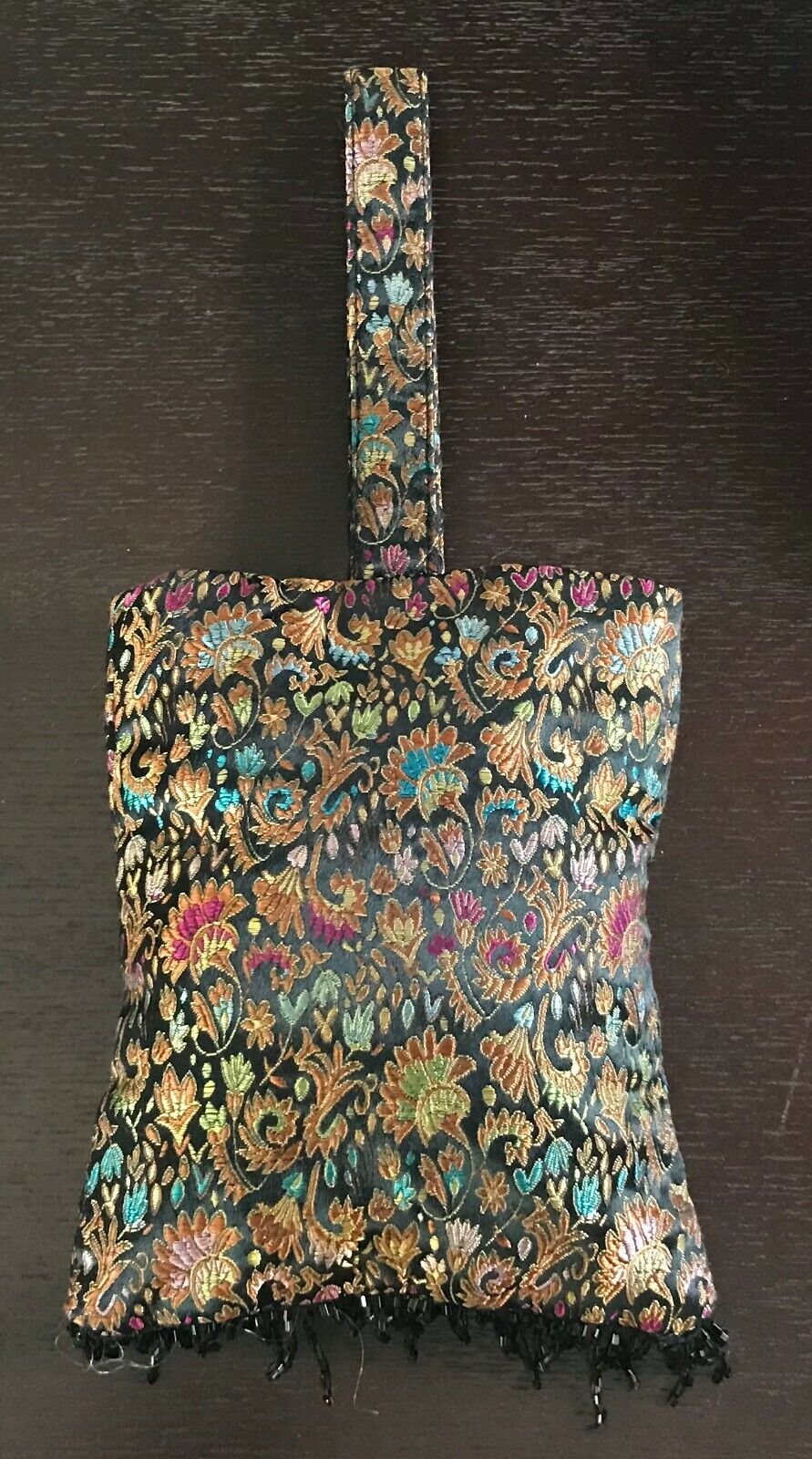 Small Paisley Bag Bead Fringed Black & MultiColoured Fabric Floral Purse Uniqu