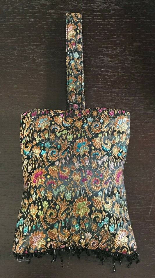 Small Paisley Bag Bead Fringed Black & MultiColoured Fabric Floral Purse Uniqu