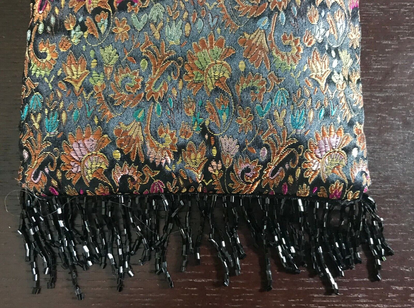 Small Paisley Bag Bead Fringed Black & MultiColoured Fabric Floral Purse Uniqu