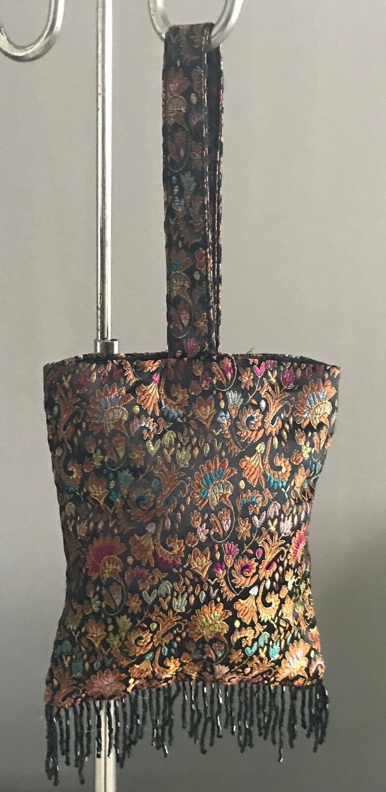 Small Paisley Bag Bead Fringed Black & MultiColoured Fabric Floral Purse Uniqu