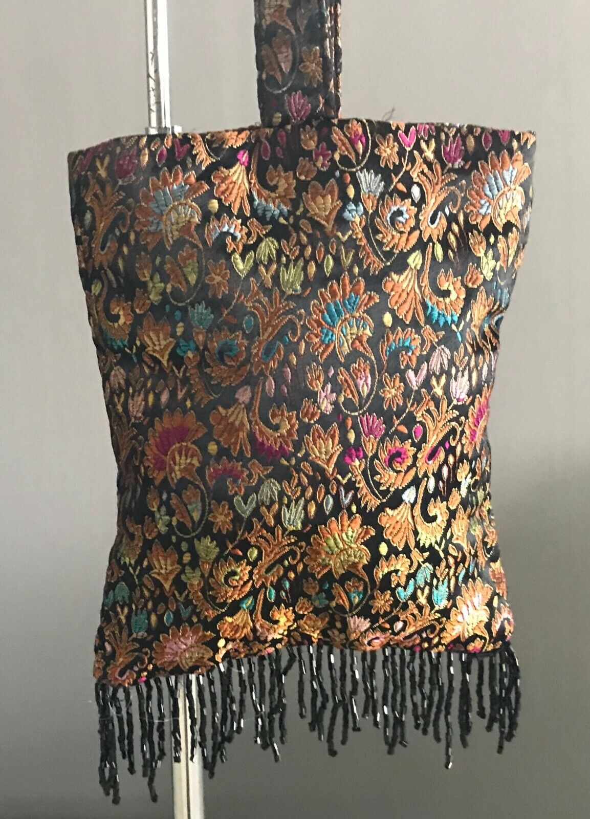 Small Paisley Bag Bead Fringed Black & MultiColoured Fabric Floral Purse Uniqu