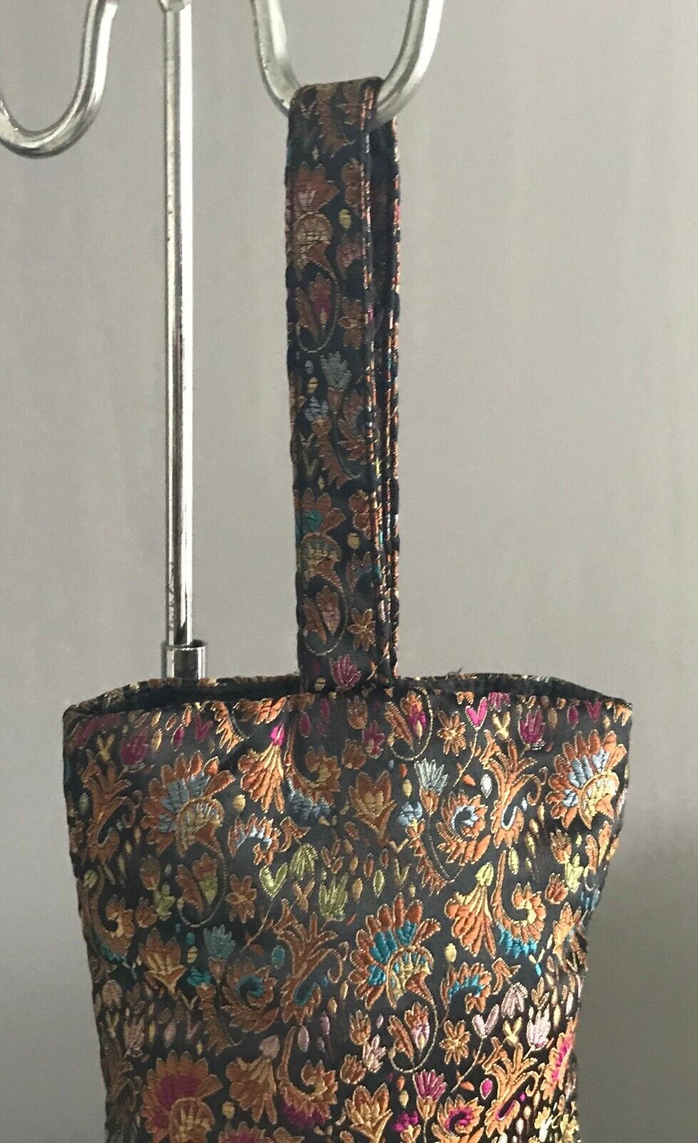 Small Paisley Bag Bead Fringed Black & MultiColoured Fabric Floral Purse Uniqu