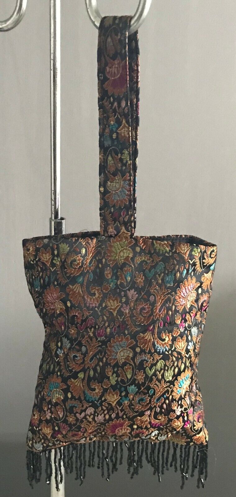 Small Paisley Bag Bead Fringed Black & MultiColoured Fabric Floral Purse Uniqu