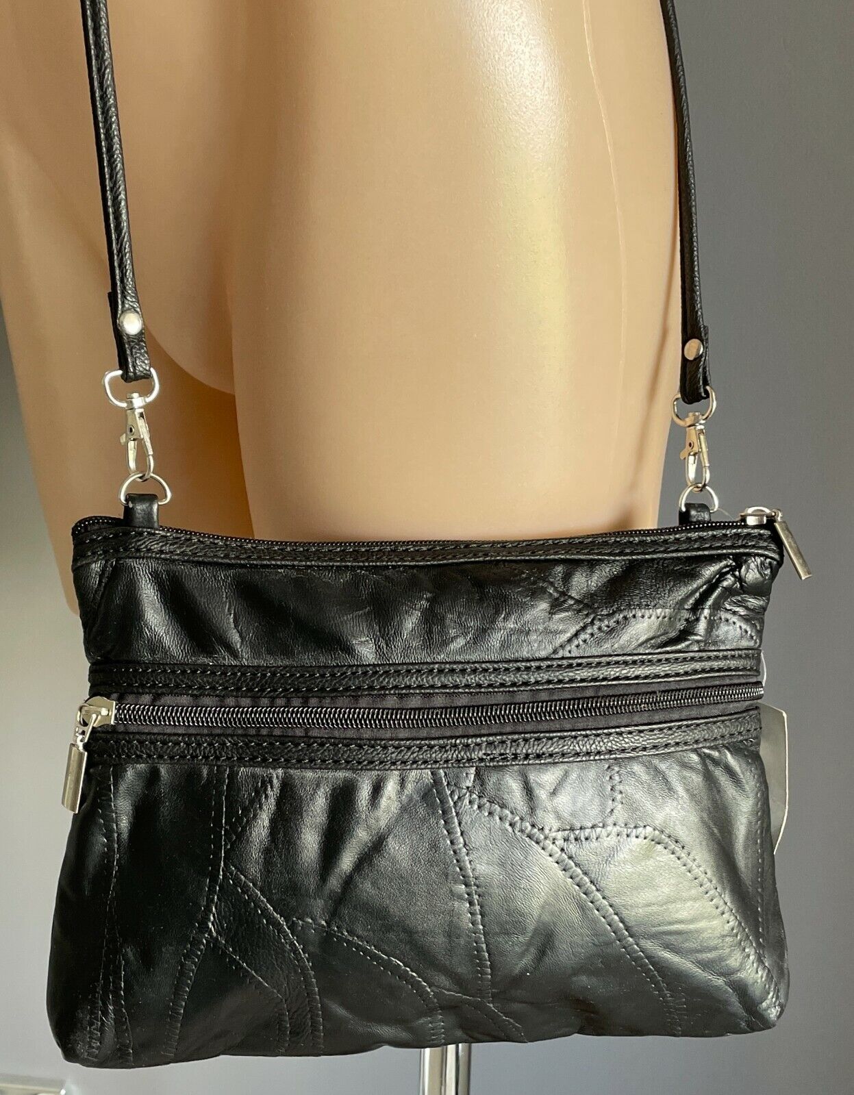 Black Crossbody Bag Patchwork Pleather 2 Front Zip Pockets & Top Shoulder NEW