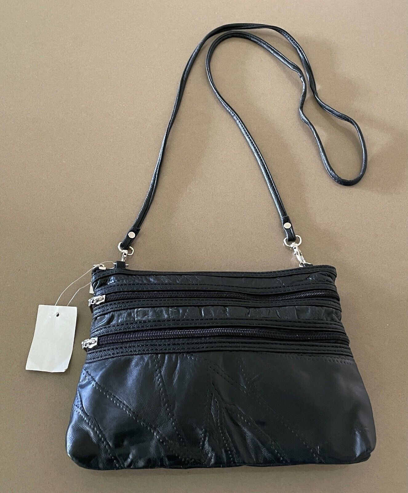Black Crossbody Bag Patchwork Pleather 2 Front Zip Pockets & Top Shoulder NEW