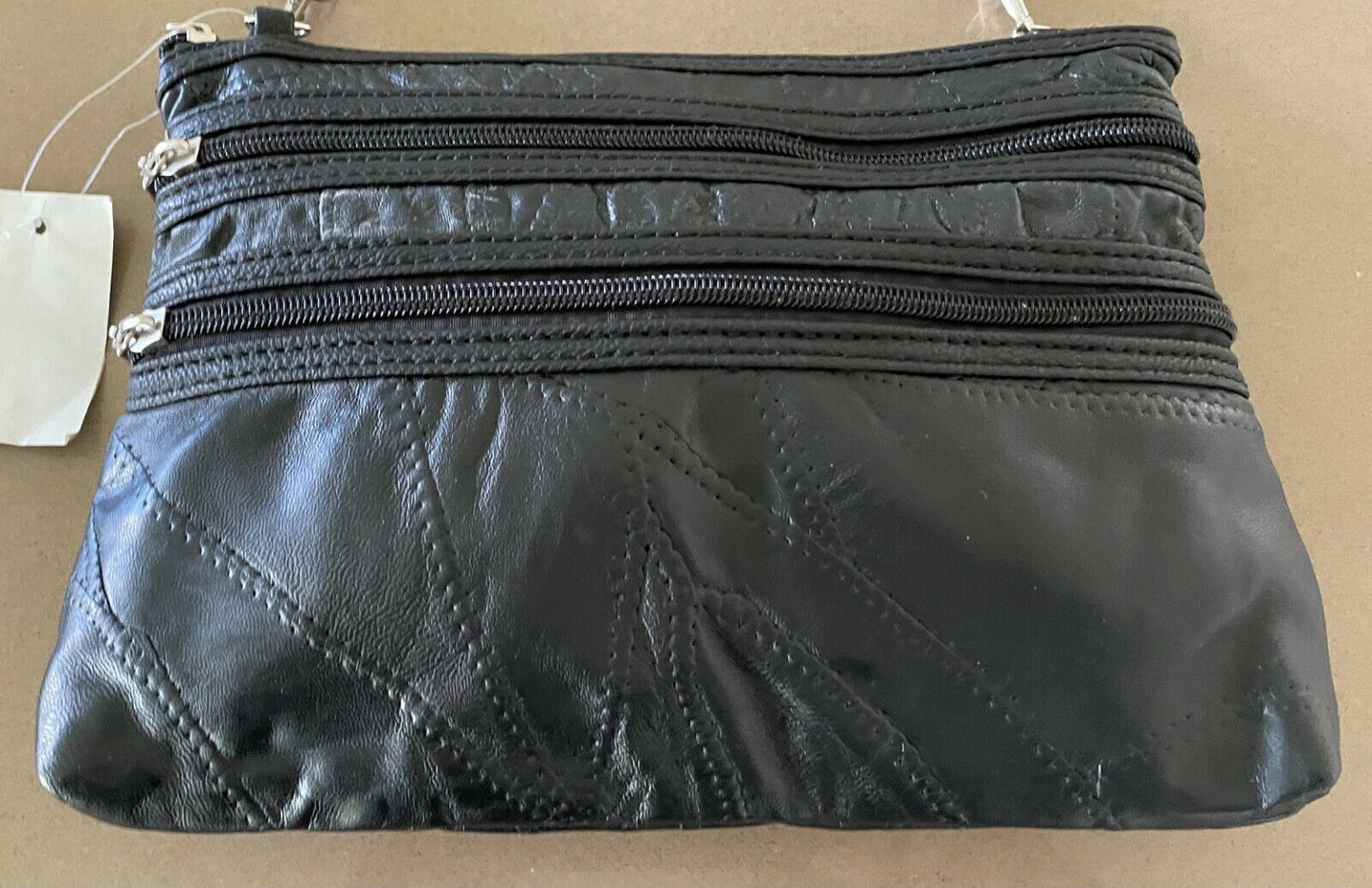 Black Crossbody Bag Patchwork Pleather 2 Front Zip Pockets & Top Shoulder NEW