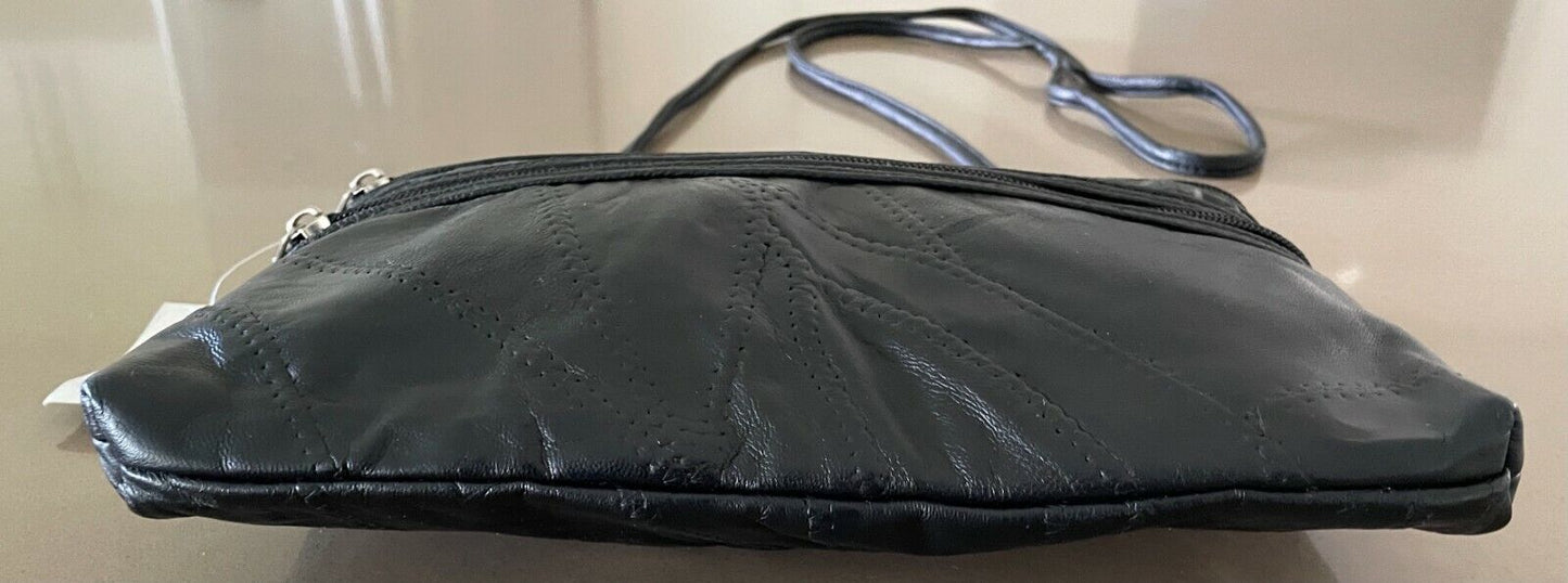 Black Crossbody Bag Patchwork Pleather 2 Front Zip Pockets & Top Shoulder NEW