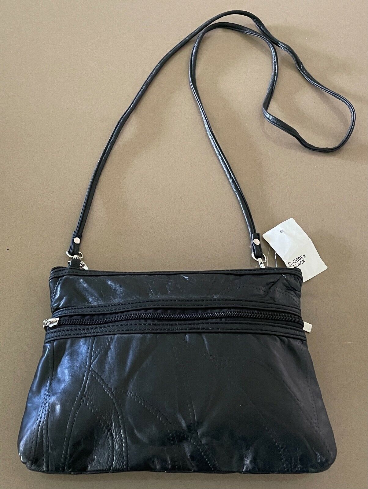 Black Crossbody Bag Patchwork Pleather 2 Front Zip Pockets & Top Shoulder NEW