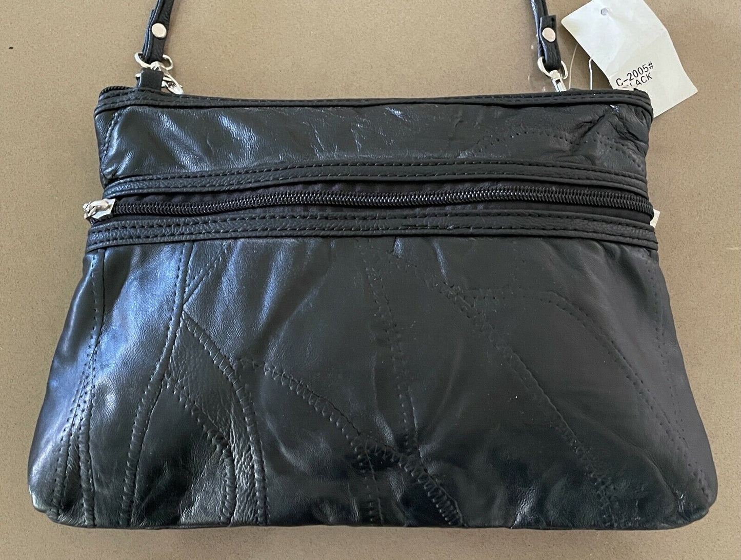 Black Crossbody Bag Patchwork Pleather 2 Front Zip Pockets & Top Shoulder NEW