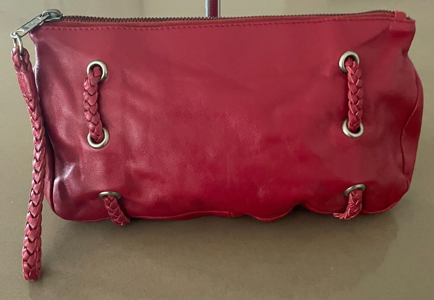 FAITH Handbag Red Leather Eyelet & Plait Trim Clutch Bag Wristlet Purse
