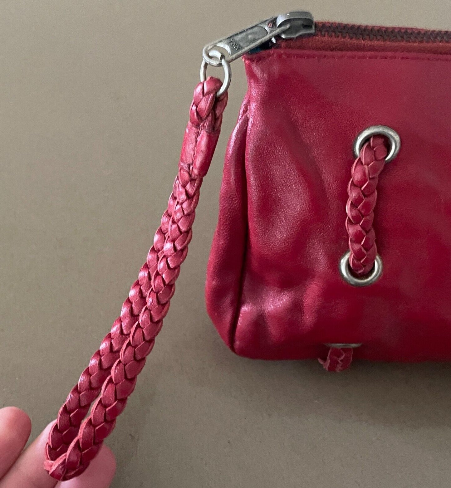 FAITH Handbag Red Leather Eyelet & Plait Trim Clutch Bag Wristlet Purse