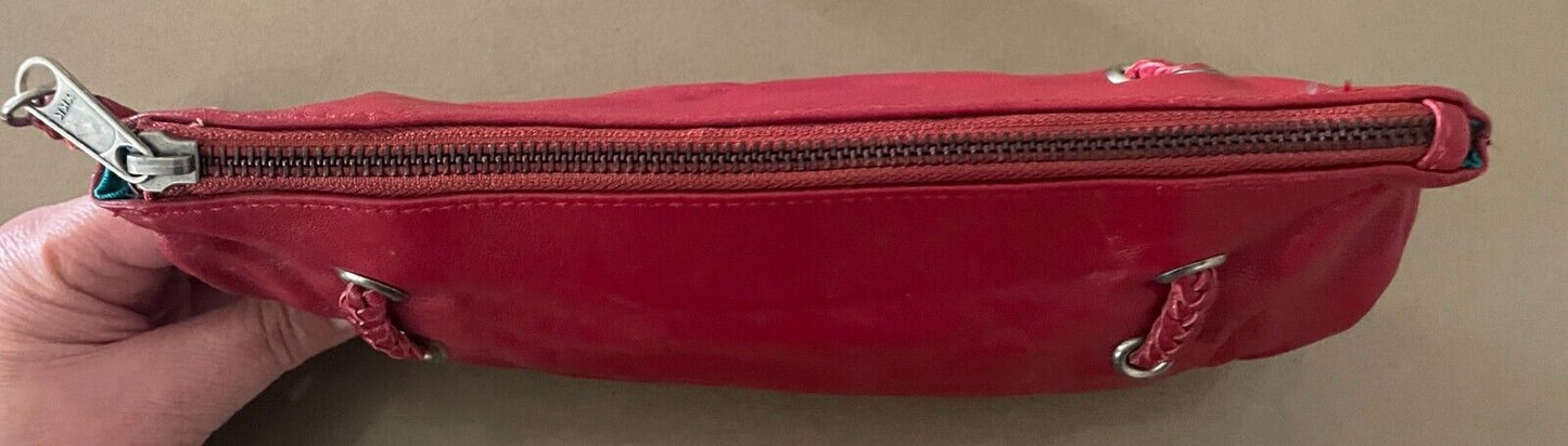 FAITH Handbag Red Leather Eyelet & Plait Trim Clutch Bag Wristlet Purse