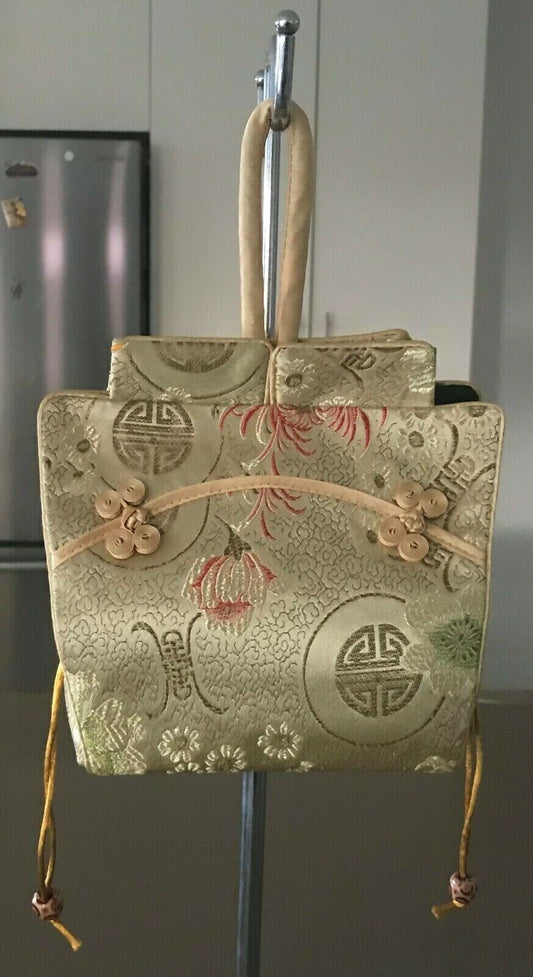 Oriental Handbag Satin Bag Shades of Gold Red Green Fabric Pouch Stunning Unique