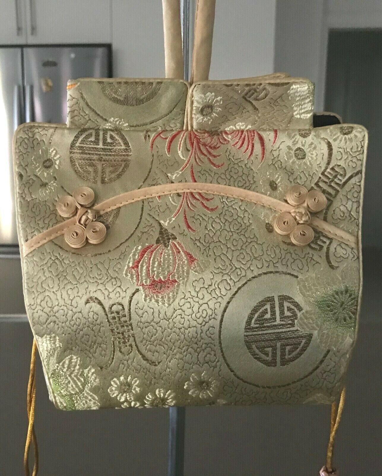 Oriental Handbag Satin Bag Shades of Gold Red Green Fabric Pouch Stunning Unique