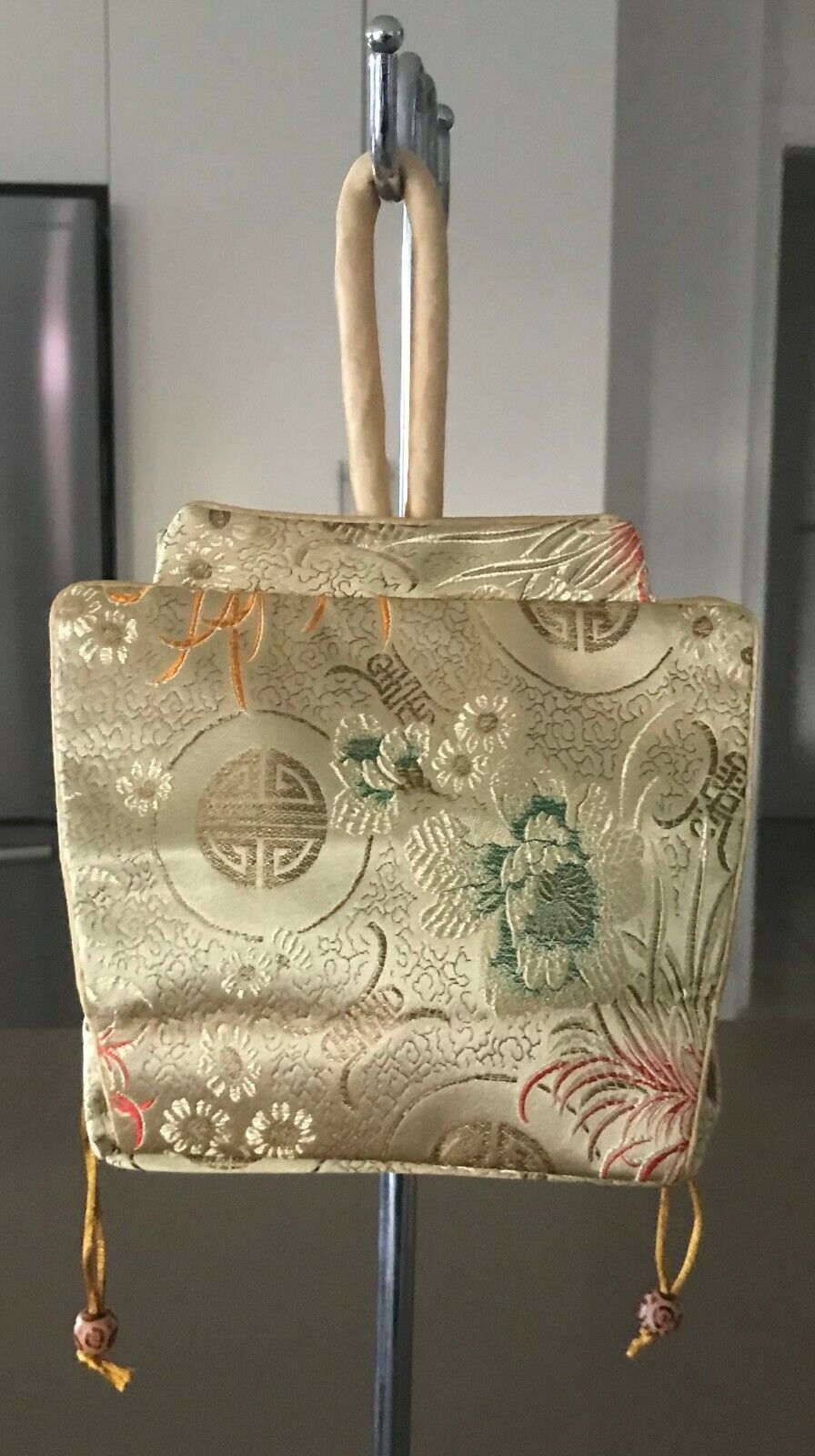 Oriental Handbag Satin Bag Shades of Gold Red Green Fabric Pouch Stunning Unique