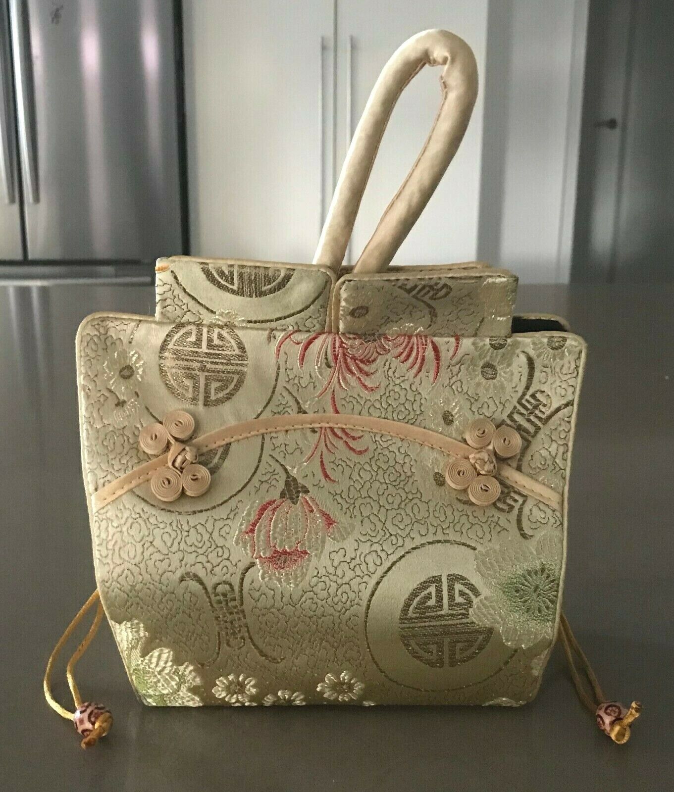 Oriental Handbag Satin Bag Shades of Gold Red Green Fabric Pouch Stunning Unique