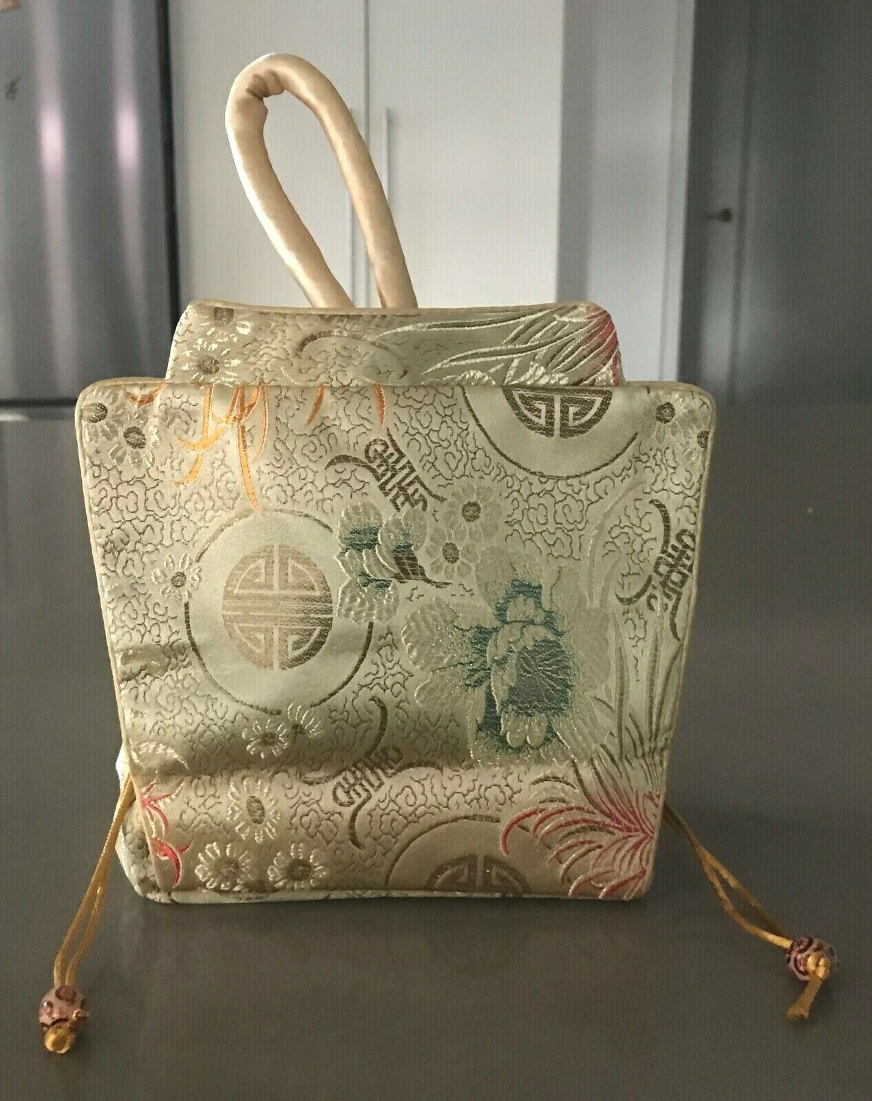 Oriental Handbag Satin Bag Shades of Gold Red Green Fabric Pouch Stunning Unique