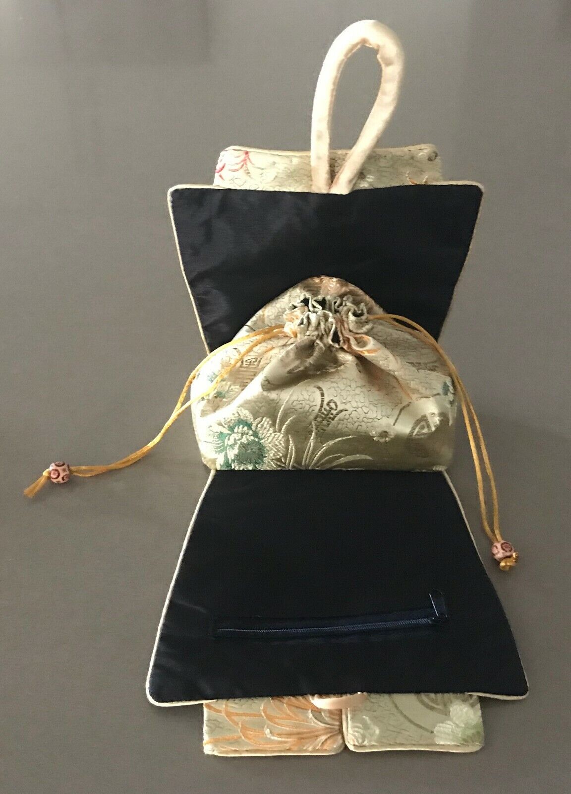 Oriental Handbag Satin Bag Shades of Gold Red Green Fabric Pouch Stunning Unique