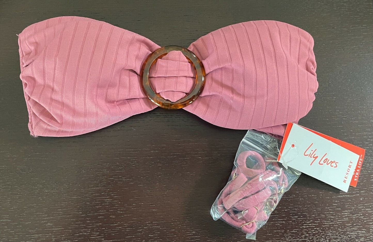 LILY LOVES Bikini Top Pink Ribbed Bandeau + Straps BRA ONLY Swim Sz 6  8 NEW