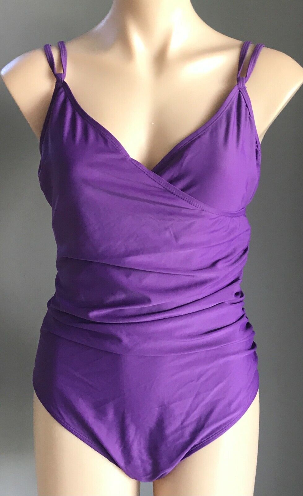 SwimSuit Purple Side Ruched Cross Over V-Neck 1 Piece Bathers Beach Sz XL 12 14