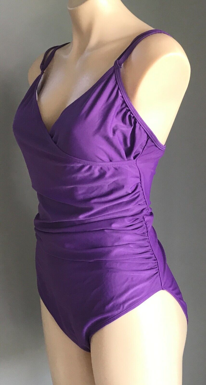 SwimSuit Purple Side Ruched Cross Over V-Neck 1 Piece Bathers Beach Sz XL 12 14
