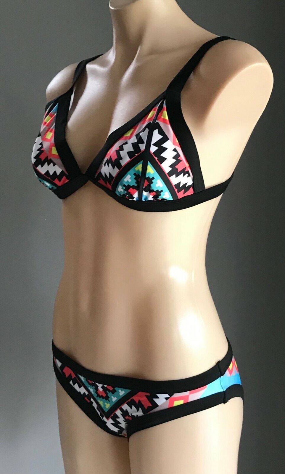 POO CHAI Bikini Set Triangle Set MultiColoured Neon Tribal Print Sz L 10 12 NEW