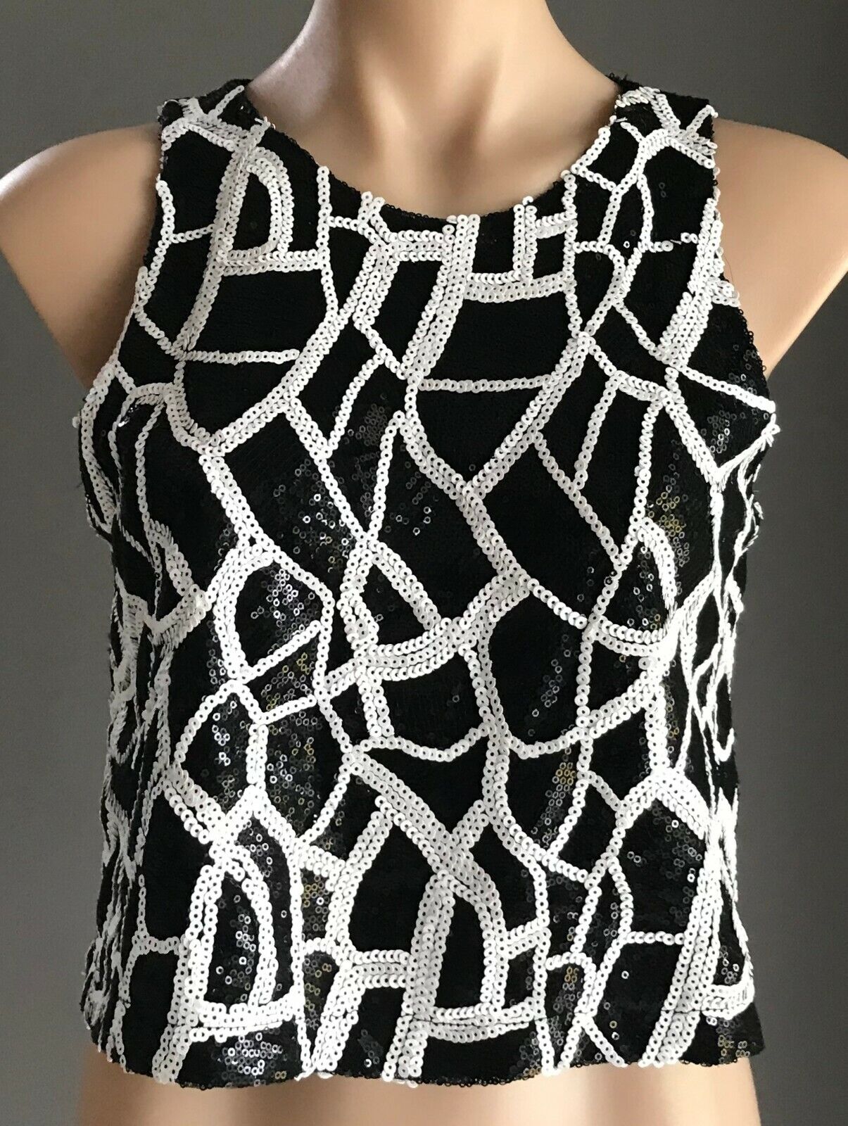 OSCAR @ ST Top Black & White Sequin Sleeveless Midriff Dressy Ladies Sz M 10 12