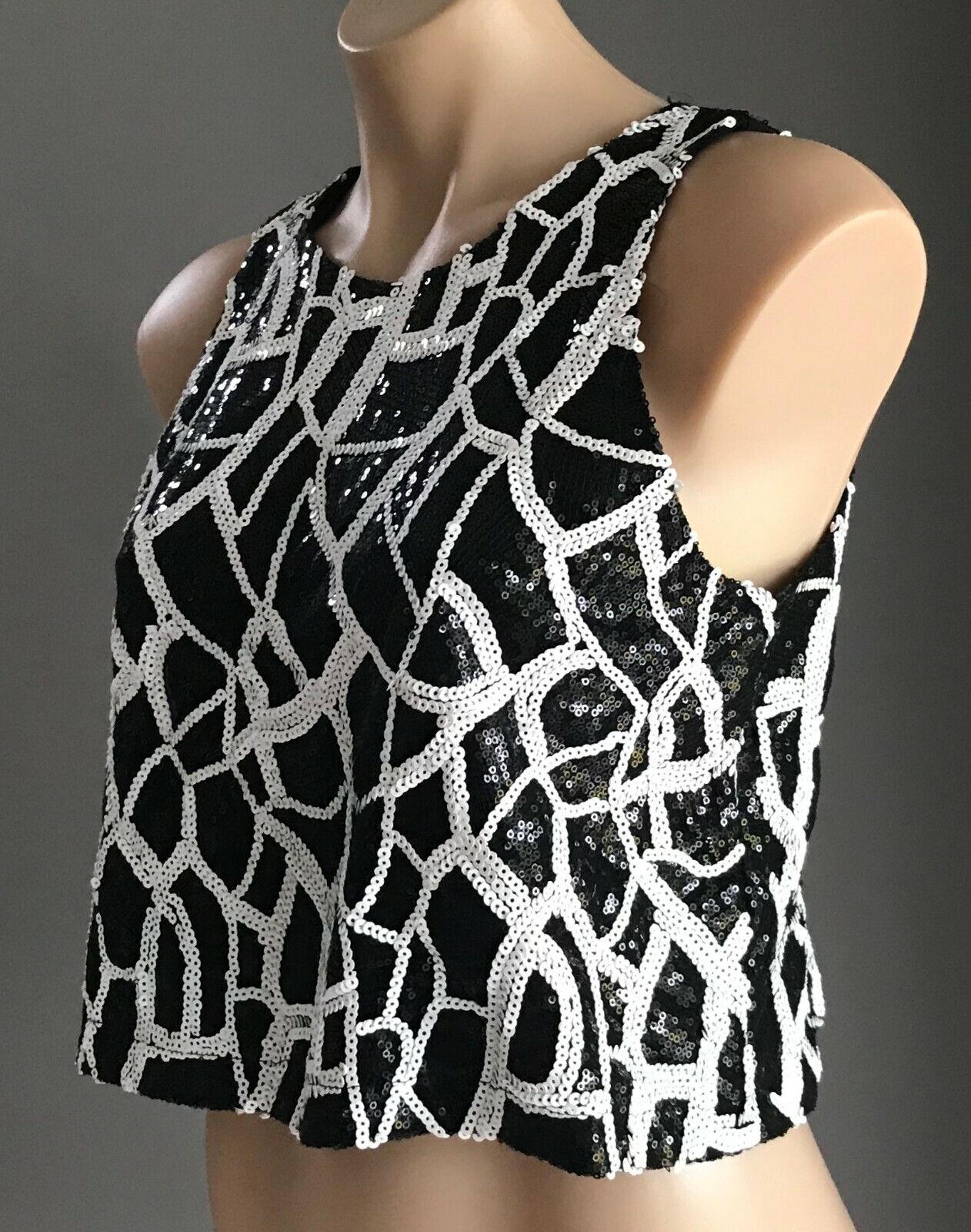 OSCAR @ ST Top Black & White Sequin Sleeveless Midriff Dressy Ladies Sz M 10 12
