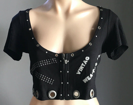 Black Stretch Zip Top Scoop Neck Short Sleeve Stud & Rivet Trim Ladies Size M 12