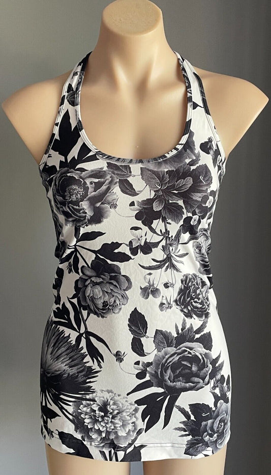 LULULEMON Tank Top Black White Grey Roses Roses Stretch Racer Back Sz 10 NEW