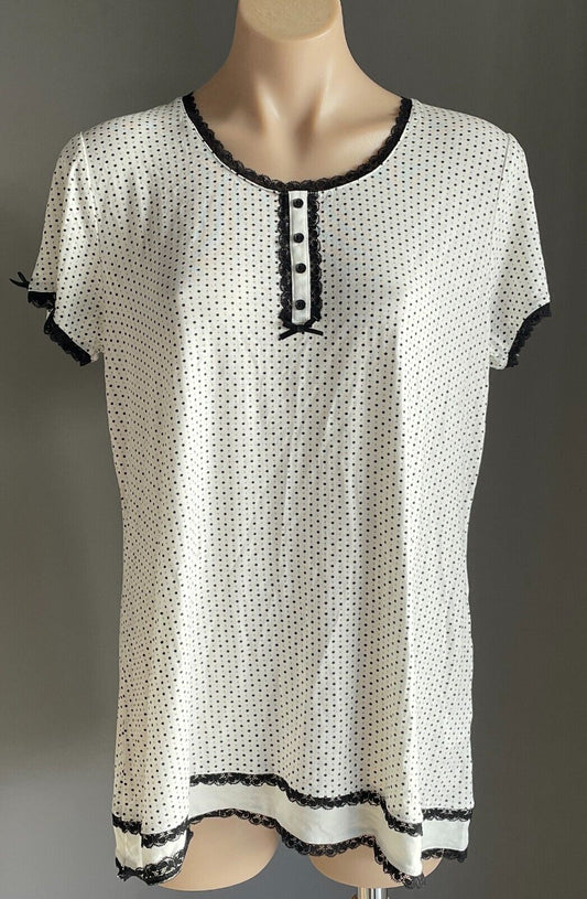 YUU Sleep Shirt Off White Black Polka Dot Short Sleeve Lace PJ Sz L 10 12 NEW