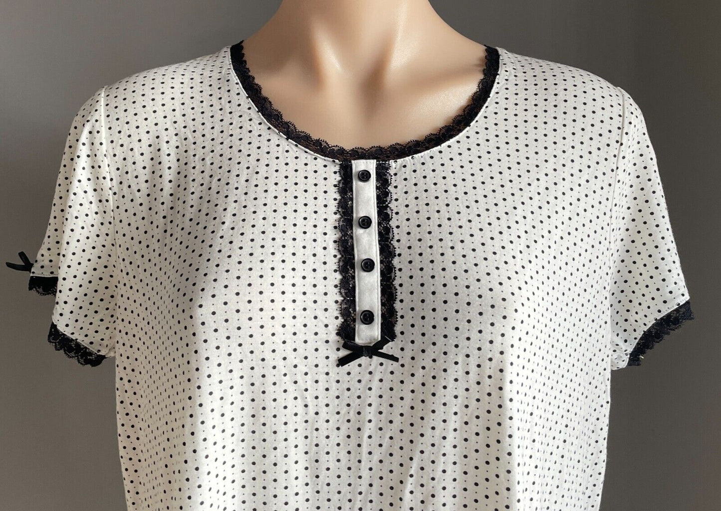 YUU Sleep Shirt Off White Black Polka Dot Short Sleeve Lace PJ Sz L 10 12 NEW
