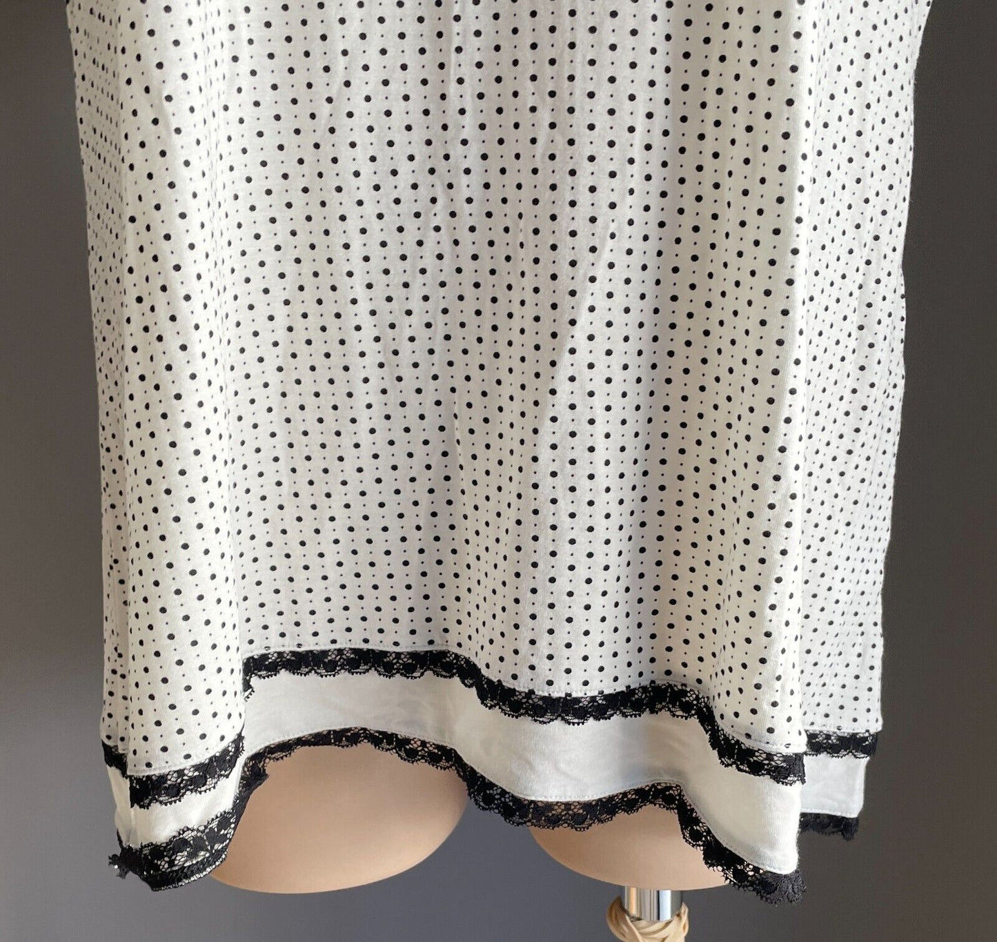 YUU Sleep Shirt Off White Black Polka Dot Short Sleeve Lace PJ Sz L 10 12 NEW