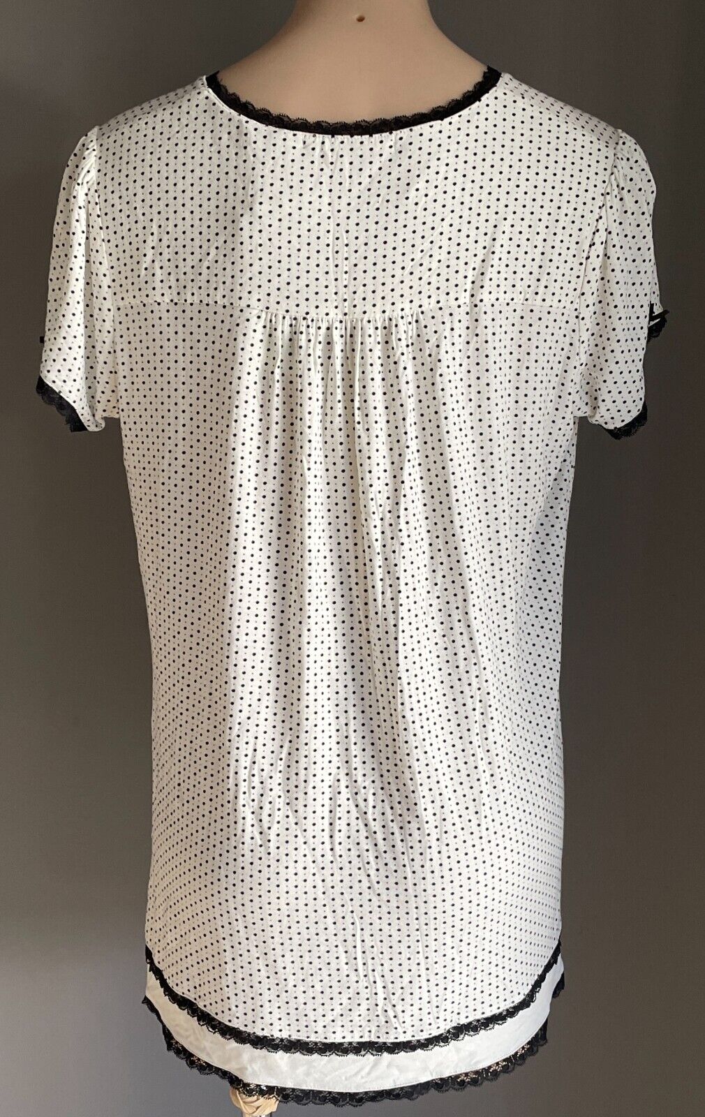YUU Sleep Shirt Off White Black Polka Dot Short Sleeve Lace PJ Sz L 10 12 NEW