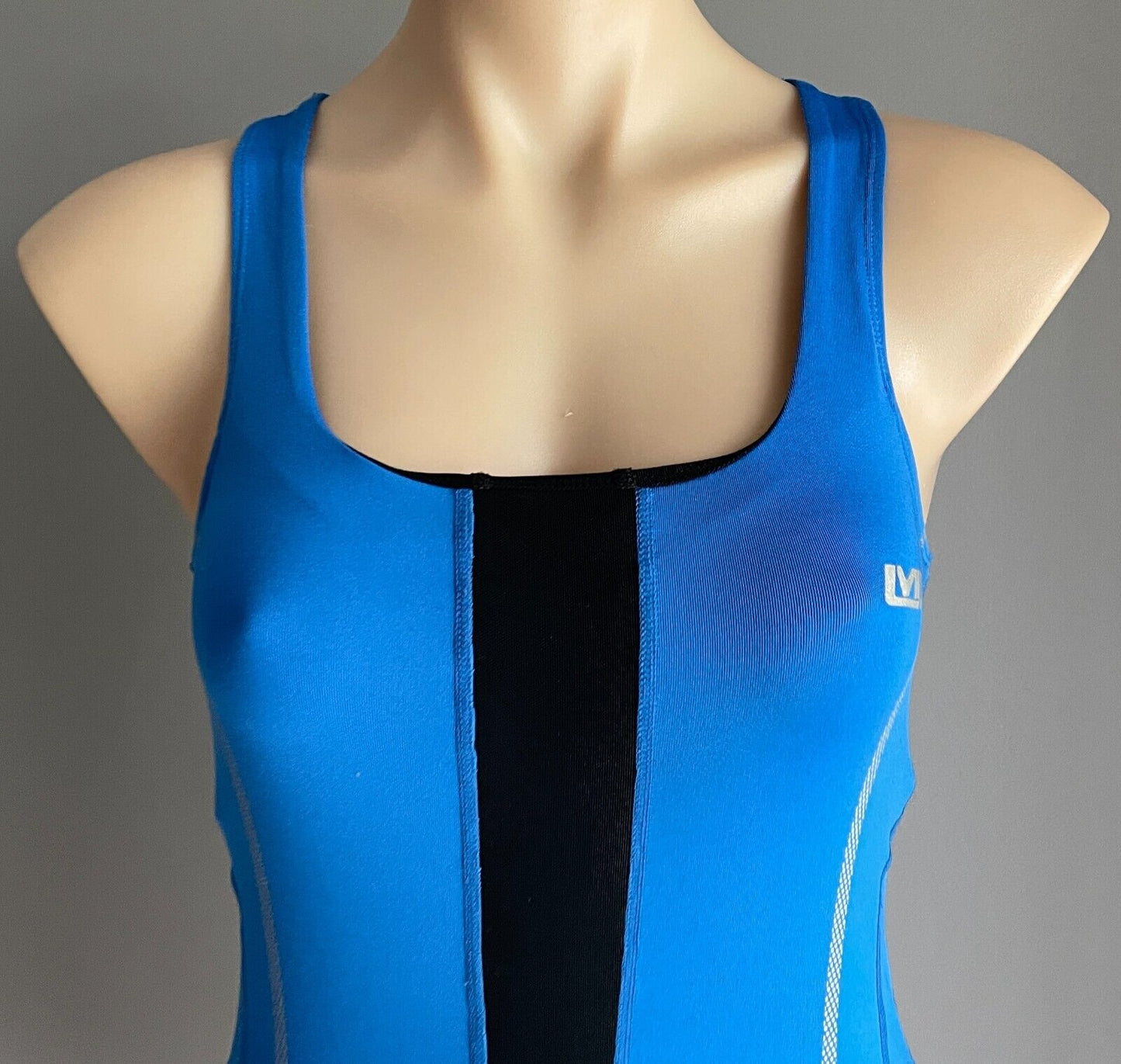 LES MILLS Tank Top Blue Black Trim Sleeveless Cut Out Back Stretch Sports Sz 10
