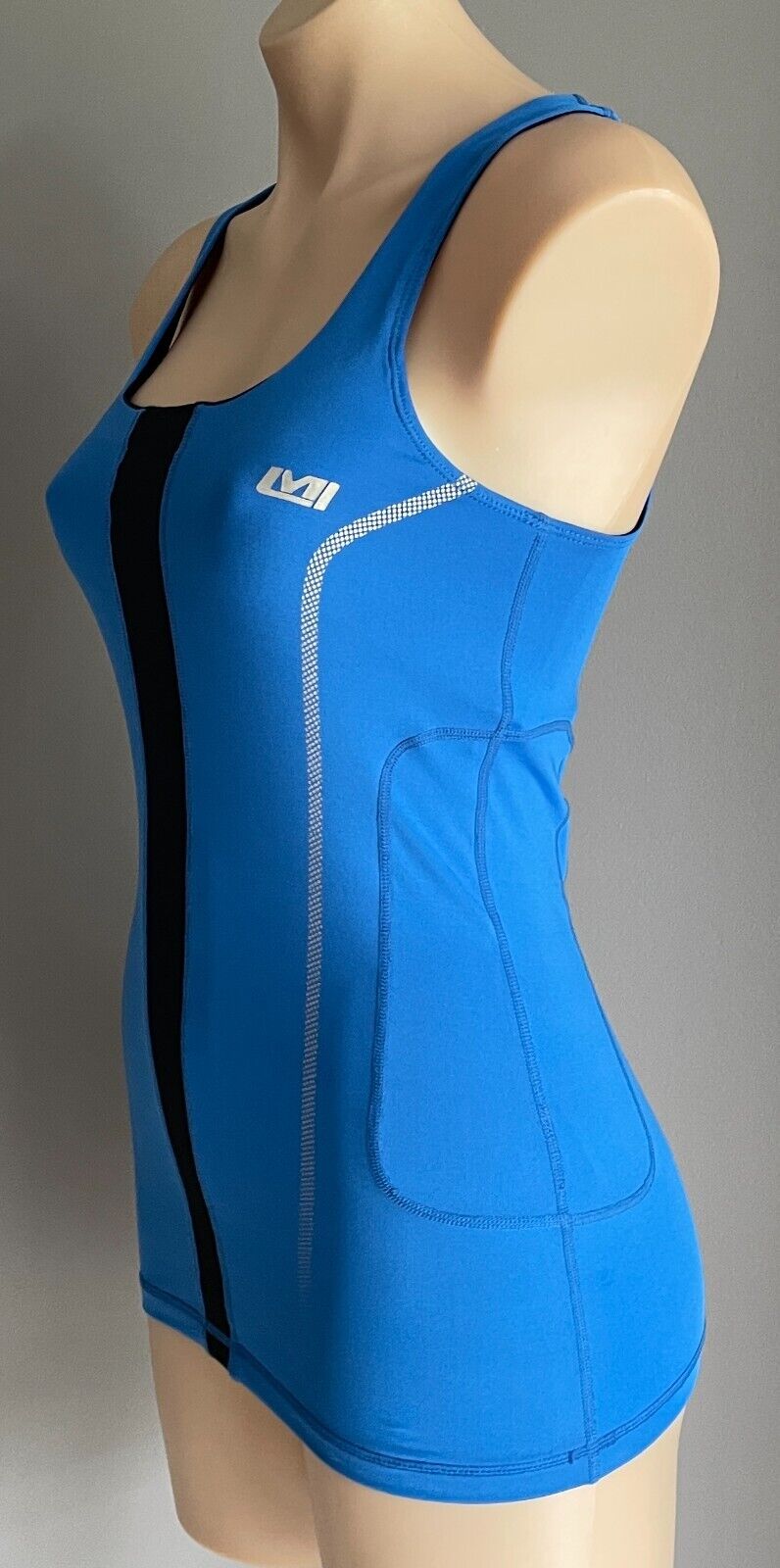 LES MILLS Tank Top Blue Black Trim Sleeveless Cut Out Back Stretch Sports Sz 10