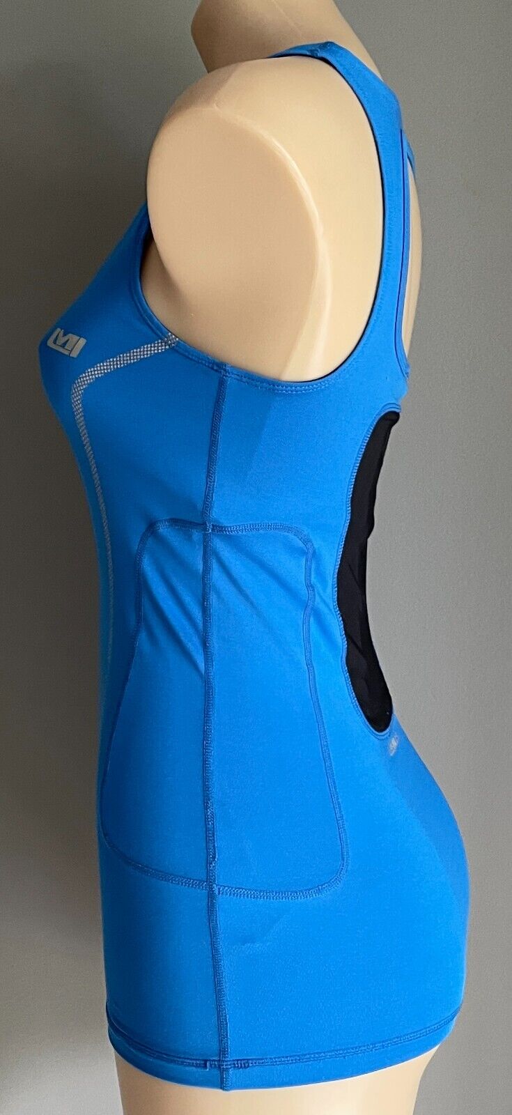 LES MILLS Tank Top Blue Black Trim Sleeveless Cut Out Back Stretch Sports Sz 10