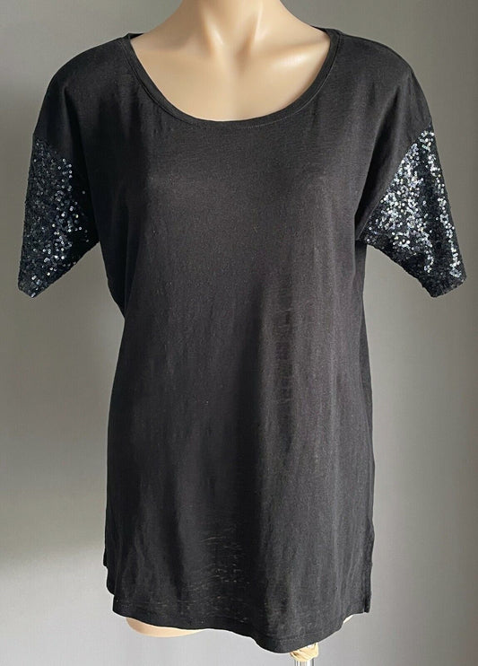 SEED HERITAGE Top Black Linen & Sequin Short Sleeve T Shirt Ladies Size 14